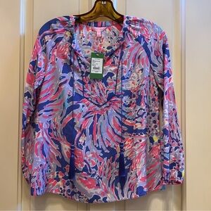 NWT Lilly Pulitzer Saria Silk Tasseled Top In The Print Shrimply Chic, Size XXS